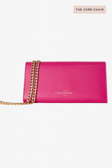 Leather Crossbody Wallet Pink with Curb Chain