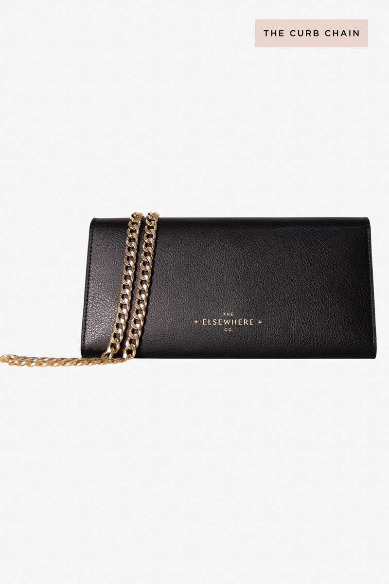 Leather Crossbody Wallet Black with Curb Chain