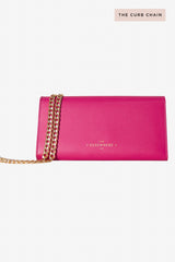 Leather Crossbody Wallet Pink with Curb Chain
