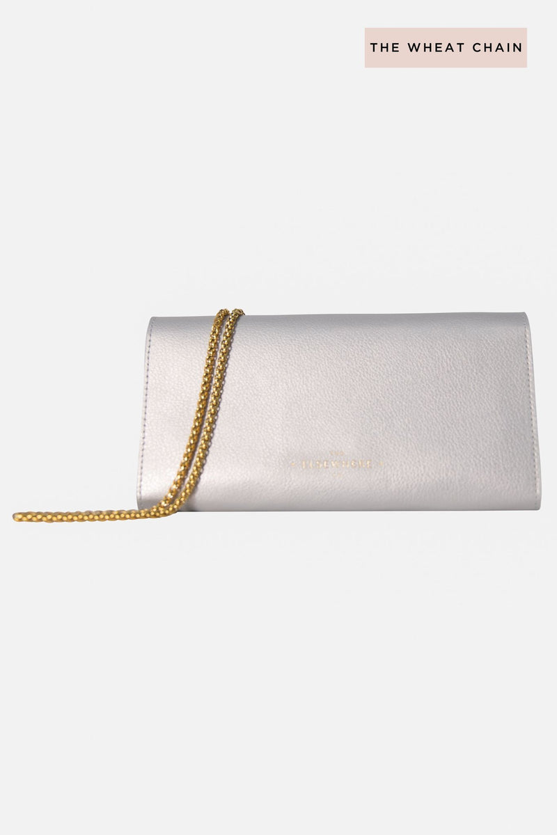 Leather Crossbody Wallet Silver with Wheat Chain