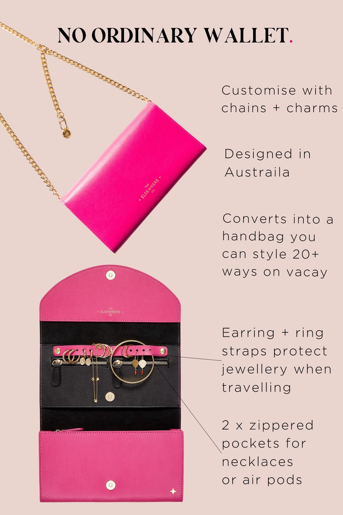 The Elsewhere Co Fashionista Travel Wallet Chain Charm Set Pink The Elsewhere Co