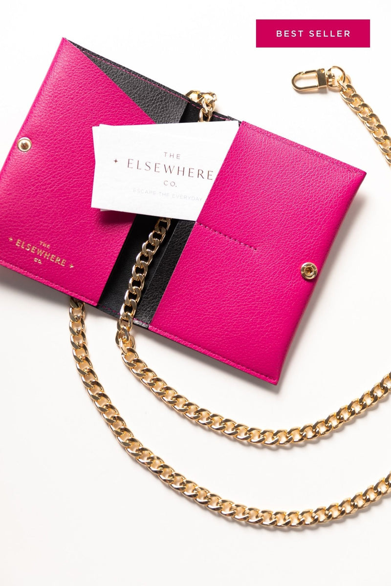 Women's Leather Passport Cover with Chain Strap - Paradise Pink